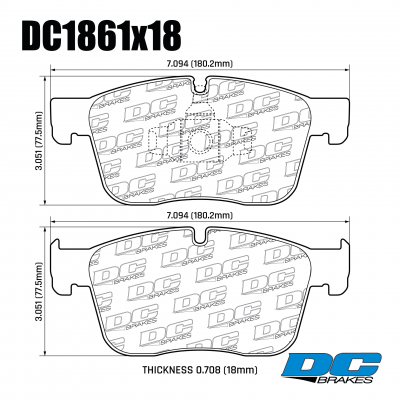 DC1861 Brake Pad Set 
DC1861x18 rear brake pads for Range Rover and Range Rover Sport models.
Technical information:




inch
mm


Pad Width
5.689
144.5


Pad Height
2.566
65.2


Pad Thick
0.708
18





table.appl { width: 300px; border: none; color: black; }
appl tr,td { border: none; text-align: center; font-size: 16px; }
.appl td { padding: 2px }
p { color: black; }
.product_sv { padding-top: 0px!important; }
