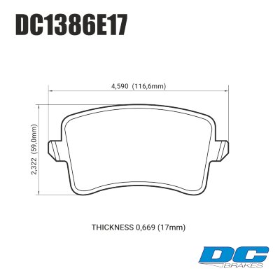 DC1386 Brake Pad Set 
DC1386x17 rear brake pads for Audi models like A4, A5, A6, Q5, A7, A8.
Technical information:




inch
mm


Pad Width
4.590
116.6


Pad Height
2.322
59


Pad Thick
0.669
17





table.appl { width: 300px; border: none; color: black; }
appl tr,td { border: none; text-align: center; font-size: 16px; }
.appl td { padding: 2px }
p { color: black; }
.product_sv { padding-top: 0px!important; }
