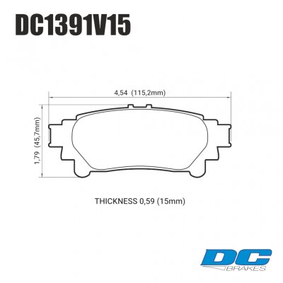DC1391 Brake Pad Set 
DC1391x18 rear brake pads for Lexus, Toyota SUV's like RX, Highlander.
Technical information:




inch
mm


Pad Width
4.54
115


Pad Height
1.83
47


Pad Thick
0.725
18





table.appl { width: 300px; border: none; color: black; }
appl tr,td { border: none; text-align: center; font-size: 16px; }
.appl td { padding: 2px }
p { color: black; }
.product_sv { padding-top: 0px!important; }
