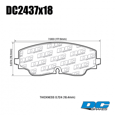 DC2437 Brake Pad Set 
DC2437x17 front brake pads for most powerful VAG models Audi A3/S3, VW Arteon, Golf 8GTI/R, Tiguan R.
Technical information:




inch
mm


Pad Width
7.003
177.9


Pad Height
3.074
78.1


Pad Thick
0.708
18





table.appl { width: 300px; border: none; color: black; }
appl tr,td { border: none; text-align: center; font-size: 16px; }
.appl td { padding: 2px }
p { color: black; }
.product_sv { padding-top: 0px!important; }
