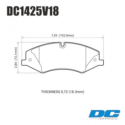 DC1425 Brake Pad Set 
DC1425x18 front brake pads for Range Rover models.
Technical information:




inch
mm


Pad Width
7.58
192


Pad Height
2.88
73


Pad Thick
0.694
18





table.appl { width: 300px; border: none; color: black; }
appl tr,td { border: none; text-align: center; font-size: 16px; }
.appl td { padding: 2px }
p { color: black; }
.product_sv { padding-top: 0px!important; }
