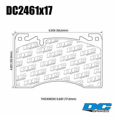 DC2461 Brake Pad Set 
DC2461x16 front brake pads for Range Rover and Range Rover Sport models.
Technical information:




inch
mm


Pad Width
6.570
166.9


Pad Height
4.051
102.9


Pad Thick
0.629
16





table.appl { width: 300px; border: none; color: black; }
appl tr,td { border: none; text-align: center; font-size: 16px; }
.appl td { padding: 2px }
p { color: black; }
.product_sv { padding-top: 0px!important; }
