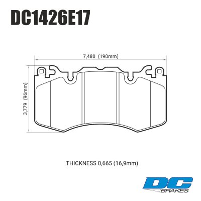 DC1426 Brake Pad Set 
DC1426x17 front brake pads for Land Rover and Range Rover models with OEM Brembo callipers.
Technical information:




inch
mm


Pad Width
7.48
190


Pad Height
3.779
96


Pad Thick
0.665
16.9





table.appl { width: 300px; border: none; color: black; }
appl tr,td { border: none; text-align: center; font-size: 16px; }
.appl td { padding: 2px }
p { color: black; }
.product_sv { padding-top: 0px!important; }
