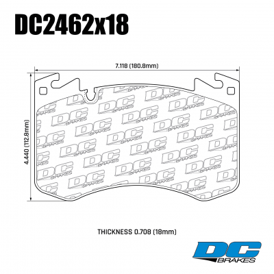 DC2462 Brake Pad Set 
DC2462x18 front brake pads for Range Rover and Range Rover Sport models with Brembo brake system.
Technical information:




inch
mm


Pad Width
7.118
180.8


Pad Height
4.44
112.8


Pad Thick
0.708
18





table.appl { width: 300px; border: none; color: black; }
appl tr,td { border: none; text-align: center; font-size: 16px; }
.appl td { padding: 2px }
p { color: black; }
.product_sv { padding-top: 0px!important; }
