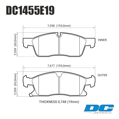 DC1455 Brake Pad Set 
DC1455x19 front brake pads for Jeep Grand Cherokee (WK2) and Dodge Durango models.
Technical information:




inch
mm


Pad Width
7.598
193


Pad Height
2.559
65


Pad Thick
0.748
19





table.appl { width: 300px; border: none; color: black; }
appl tr,td { border: none; text-align: center; font-size: 16px; }
.appl td { padding: 2px }
p { color: black; }
.product_sv { padding-top: 0px!important; }
