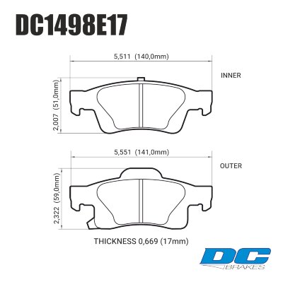 DC1498 Brake Pad Set 
DC1498x17 rear brake pads for Jeep Grand Cherokee (WK2) and Dodge Durango models.
Technical information:




inch
mm


Pad Width
5.511
140


Pad Height
2.007
51


Pad Thick
0.669
17





table.appl { width: 300px; border: none; color: black; }
appl tr,td { border: none; text-align: center; font-size: 16px; }
.appl td { padding: 2px }
p { color: black; }
.product_sv { padding-top: 0px!important; }
