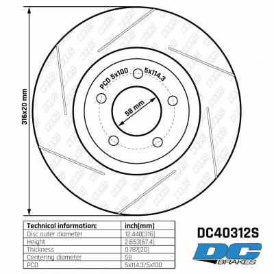 DC40312S Brake Rotor 
DC40312S rear disc brake rotor for Subaru WRX STI and Forester STI with Brembo Gold brakes.
Technical information:




inch[mm]


Disc outer diameter
12.440[316]


Height
2.653[67.4]


Thickness
0.787[20]


Centering diameter
58


PCD
5x114.3;3/5x100





table.appl { width: 300px; border: none; color: black; }
appl tr,td { border: none; text-align: center; font-size: 16px; }
.appl td { padding: 2px }
p { color: black; }
.product_sv { padding-top: 0px!important; }
