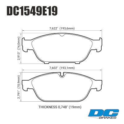 DC1549 Brake Pad Set 
DC1549x19 front brake pads for Audi models like A6, A7, A8.
Technical information:




inch
mm


Pad Width
7.622
193.6


Pad Height
2.913
74


Pad Thick
0.748
19





table.appl { width: 300px; border: none; color: black; }
appl tr,td { border: none; text-align: center; font-size: 16px; }
.appl td { padding: 2px }
p { color: black; }
.product_sv { padding-top: 0px!important; }
