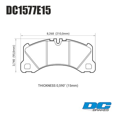 DC1577 Brake Pad Set 
DC1577x15 front brake pads for Porsche Cayenne, Panamera, Macan models.
Technical information:




inch
mm


Pad Width
8.268
210


Pad Height
3.740
95


Pad Thick
0.590
15





table.appl { width: 300px; border: none; color: black; }
appl tr,td { border: none; text-align: center; font-size: 16px; }
.appl td { padding: 2px }
p { color: black; }
.product_sv { padding-top: 0px!important; }
