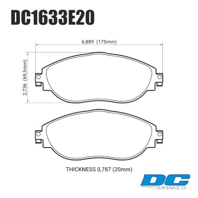 DC1633 Brake Pad Set 
DC1633x20 rear brake pads for VAG (mqb platform) models.
Technical information:




inch
mm


Pad Width
6.889
175


Pad Height
2.736
69.5


Pad Thick
0.787
20





table.appl { width: 300px; border: none; color: black; }
appl tr,td { border: none; text-align: center; font-size: 16px; }
.appl td { padding: 2px }
p { color: black; }
.product_sv { padding-top: 0px!important; }
