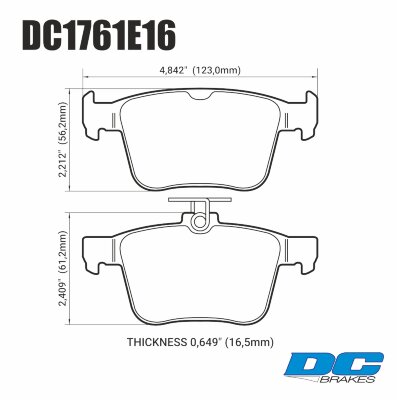 DC1761 Brake Pad Set 
DC1761x16 rear brake pads for VAG (MQB platform) models.
Technical information:




inch
mm


Pad Width
4.842
123


Pad Height
2.212
56.2


Pad Thick
0.649
16.5





table.appl { width: 300px; border: none; color: black; }
appl tr,td { border: none; text-align: center; font-size: 16px; }
.appl td { padding: 2px }
p { color: black; }
.product_sv { padding-top: 0px!important; }
