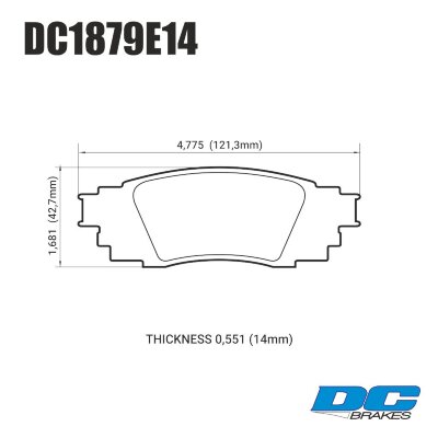 DC1879 Brake Pad Set 
DC1879x14 rear brake pads for Toyota Avalon and Lexus ES models.
Technical information:




inch
mm


Pad Width
4.775
121.3


Pad Height
1.681
42.7


Pad Thick
0.551
14





table.appl { width: 300px; border: none; color: black; }
appl tr,td { border: none; text-align: center; font-size: 16px; }
.appl td { padding: 2px }
p { color: black; }
.product_sv { padding-top: 0px!important; }
