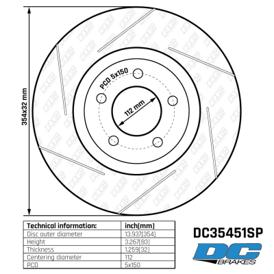 DC35451SP Brake Rotor 
DC35451SP high-performance front disc brake rotor for Toyota Land Cruiser 200, Lexus LX570, LX450d.
Technical information:




inch[mm]


Disc outer diameter
13.937[354]


Height
3.267[83]


Thickness
1.259[32]


Centering diameter
112


PCD
5x150





table.appl { width: 300px; border: none; color: black; }
appl tr,td { border: none; text-align: center; font-size: 16px; }
.appl td { padding: 2px }
p { color: black; }
.product_sv { padding-top: 0px!important; }
