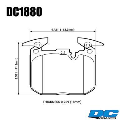 DC1880 Brake Pad Set 
DC1180x18 front brake pads for BMW M and M-performance models.
Technical information:




inch
mm


Pad Width
4.421
112.3


Pad Height
3.591
91.2


Pad Thick
0.709
18





table.appl { width: 300px; border: none; color: black; }
appl tr,td { border: none; text-align: center; font-size: 16px; }
.appl td { padding: 2px }
p { color: black; }
.product_sv { padding-top: 0px!important; }
