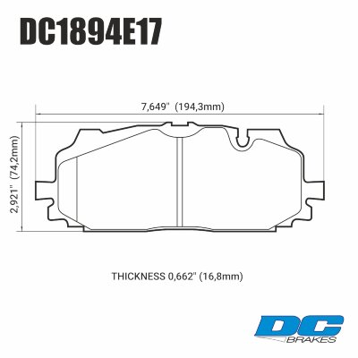 DC1894 Brake Pad Set 
DC1894x17 front brake pads for Audi's with Akebono braking system.
Technical information:




inch
mm


Pad Width
7.649
194.3


Pad Height
2.921
74.2


Pad Thick
0.662
16.8





table.appl { width: 300px; border: none; color: black; }
appl tr,td { border: none; text-align: center; font-size: 16px; }
.appl td { padding: 2px }
p { color: black; }
.product_sv { padding-top: 0px!important; }
