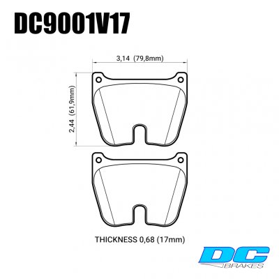 DC9001 Brake Pad Set (Set of 8 pads) 
DC9001x17 brake pads for 8 pistons Brembo callipers.
Technical information:




inch
mm


Pad Width
3.142
79.8


Pad Height
2.437
61.9


Pad Thick
0.669
17





table.appl { width: 300px; border: none; color: black; }
appl tr,td { border: none; text-align: center; font-size: 16px; }
.appl td { padding: 2px }
p { color: black; }
.product_sv { padding-top: 0px!important; }
