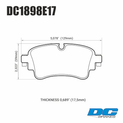 DC1898 Brake Pad Set 
DC1898x17 rear brake pads for the most Audi models like A4, A5, Q5, Q7 and etc.
Technical information:




inch
mm


Pad Width
5.078
129


Pad Height
2.323
59


Pad Thick
0.689
17.5





table.appl { width: 300px; border: none; color: black; }
appl tr,td { border: none; text-align: center; font-size: 16px; }
.appl td { padding: 2px }
p { color: black; }
.product_sv { padding-top: 0px!important; }

