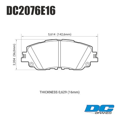 DC2076 Brake Pad Set 
DC2076x16 front brake pads for Toyota Avalon, Lexus ES models.
Technical information:




inch
mm


Pad Width
5.614
142.6


Pad Height
2,204
56


Pad Thick
0.629
16





table.appl { width: 300px; border: none; color: black; }
appl tr,td { border: none; text-align: center; font-size: 16px; }
.appl td { padding: 2px }
p { color: black; }
.product_sv { padding-top: 0px!important; }
