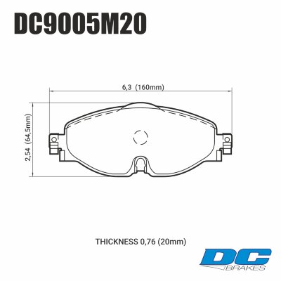DC9005 Brake Pad Set 
DC9005x20 front brake pads for VAG (mqb platform) models.
Technical information:




inch
mm


Pad Width
6.3
160


Pad Height
2.54
64.5


Pad Thick
0.76
20





table.appl { width: 300px; border: none; color: black; }
appl tr,td { border: none; text-align: center; font-size: 16px; }
.appl td { padding: 2px }
p { color: black; }
.product_sv { padding-top: 0px!important; }
