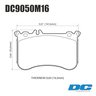 DC9050 Brake Pad Set 
DC9050x16 front brake pads for Mercedes-Benz AMG45 models like A-classe, CLA-classe, GLA-classe.
Technical information:




inch
mm


Pad Width
6.06
154


Pad Height
3.66
93


Pad Thick
0.618
16





table.appl { width: 300px; border: none; color: black; }
appl tr,td { border: none; text-align: center; font-size: 16px; }
.appl td { padding: 2px }
p { color: black; }
.product_sv { padding-top: 0px!important; }
