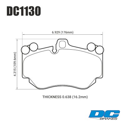 DC1130 Brake Pad Set 
DC1130x17 front brake pads for Porsche Cayenne Turbo 9P .
Technical information:




inch
mm


Pad Width
6.929
176


Pad Height
4.315
109


Pad Thick
0.638
16.2





table.appl { width: 300px; border: none; color: black; }
appl tr,td { border: none; text-align: center; font-size: 16px; }
.appl td { padding: 2px }
p { color: black; }
.product_sv { padding-top: 0px!important; }
