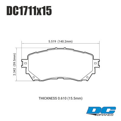 DC1711 Brake Pad Set 
DC1711x15 front brake pads for Mazda 6 (Gj) models.
Technical information:




inch
mm


Pad Width
5.519
140.2


Pad Height
2.342
59.5


Pad Thick
0.610
15.5





table.appl { width: 300px; border: none; color: black; }
appl tr,td { border: none; text-align: center; font-size: 16px; }
.appl td { padding: 2px }
p { color: black; }
.product_sv { padding-top: 0px!important; }
