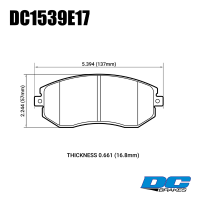 DC1539 Brake Pad Set 
DC1539x17 front brake pads for Subaru BRZ, Impreza, Legacy models.
Technical information:




inch
mm


Pad Width
5.394
137


Pad Height
2.244
57


Pad Thick
0.661
16.8





table.appl { width: 300px; border: none; color: black; }
appl tr,td { border: none; text-align: center; font-size: 16px; }
.appl td { padding: 2px }
p { color: black; }
.product_sv { padding-top: 0px!important; }

