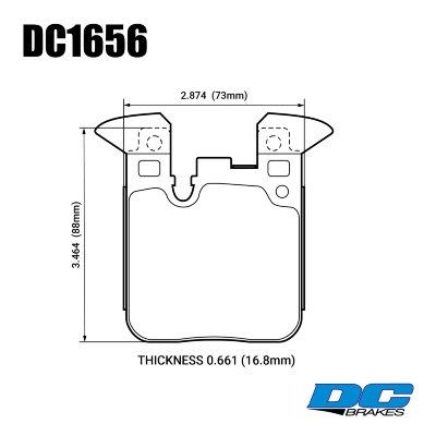 DC1656 Brake Pad Set 
DC1656x16 rear brake pads for BMW M and M-performance models.
Technical information:




inch
mm


Pad Width
2.874
73


Pad Height
3.464
88


Pad Thick
0.661
16.8





table.appl { width: 300px; border: none; color: black; }
appl tr,td { border: none; text-align: center; font-size: 16px; }
.appl td { padding: 2px }
p { color: black; }
.product_sv { padding-top: 0px!important; }

