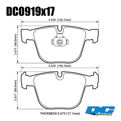 DC0919 Brake Pad Set 
DC0919x17 brake pad set is fitted for rear axle wide range of powerful BMW models, old Bentley models and some Rolls-Royce models.
Technical information:




inch
mm


Pad Width
5.539
140.7


Pad Height
2.677
68.0


Pad Thick
0.673
17.1





table.appl { width: 300px; border: none; color: black; }
appl tr,td { border: none; text-align: center; font-size: 16px; }
.appl td { padding: 2px }
p { color: black; }
.product_sv { padding-top: 0px!important; }

