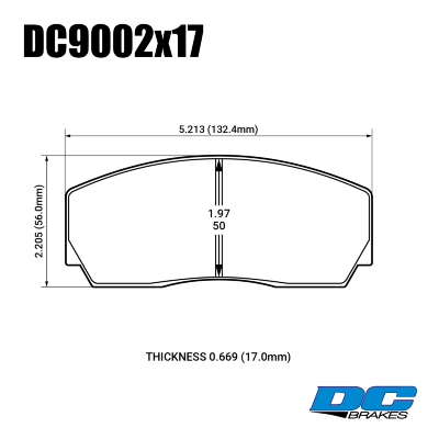DC9002 Brake Pad Set 
DC9002x17 brake pads for AP Racing 4 piston callipers.
Technical information:




inch
mm


Pad Width
5.213
132.4


Pad Height
2.205
56


Pad Thick
0.669
17





table.appl { width: 300px; border: none; color: black; }
appl tr,td { border: none; text-align: center; font-size: 16px; }
.appl td { padding: 2px }
p { color: black; }
.product_sv { padding-top: 0px!important; }
