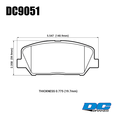DC9051 Brake Pad Set 
DC9051x19 brake pad set is fitted to front axle Hyundai and Kia popular models as Genesis, i30, Veloster, Cerato and etc.
Technical information:




inch
mm


Pad Width
5.547
140.9


Pad Height
2.358
59.9


Pad Thick
0.775
19.7





table.appl { width: 300px; border: none; color: black; }
appl tr,td { border: none; text-align: center; font-size: 16px; }
.appl td { padding: 2px }
p { color: black; }
.product_sv { padding-top: 0px!important; }
