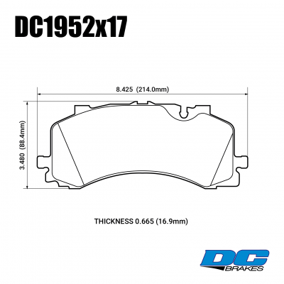 DC1952 brake pad set 
DC1952x17 brake pad set is fitted to the biggest VAG brake kit available for Audi A6 C8, Q7, Q8 RS version included.
Technical information:




inch
mm


Pad Width
8.425
214.0


Pad Height
3.480
88.4


Pad Thick
0.665
16.9





table.appl { width: 300px; border: none; color: black; }
appl tr,td { border: none; text-align: center; font-size: 16px; }
.appl td { padding: 2px }
p { color: black; }
.product_sv { padding-top: 0px!important; }
