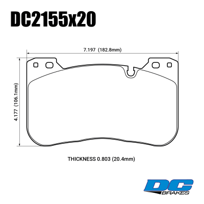 DC2155 Brake Pad Set 
DC2155x20 brake pad set is fitted to the front axle BMW M5/M8/X5M/X6M F90/F92/F95/F96 models.
Technical information:




inch
mm


Pad Width
7.197
182.8


Pad Height
4.177
106.1


Pad Thick
0.803
20.4





table.appl { width: 300px; border: none; color: black; }
appl tr,td { border: none; text-align: center; font-size: 16px; }
.appl td { padding: 2px }
p { color: black; }
.product_sv { padding-top: 0px!important; }
