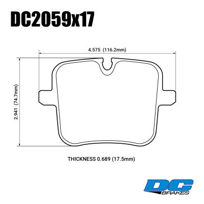 DC2059 Brake Pad Set 
DC2155x20 brake pad set is fitted to the rear axle BMW M5/M8/X5/X6 F90/F92/G05/G06 models.
Technical information:




inch
mm


Pad Width
4.575
116.2


Pad Height
2.941
74.7


Pad Thick
0.689
17.5





table.appl { width: 300px; border: none; color: black; }
appl tr,td { border: none; text-align: center; font-size: 16px; }
.appl td { padding: 2px }
p { color: black; }
.product_sv { padding-top: 0px!important; }
