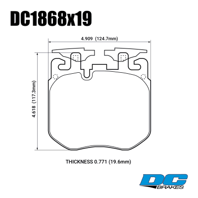 DC1868 Brake Pad Set 
DC1868x19 brake pads are for the almost all new BMW models with M Performance brake kit
Technical information:




inch
mm


Pad Width
4.909
124.7


Pad Height
4.618
117.3


Pad Thick
0.771
19.6





table.appl { width: 300px; border: none; color: black; }
appl tr,td { border: none; text-align: center; font-size: 16px; }
.appl td { padding: 2px }
p { color: black; }
.product_sv { padding-top: 0px!important; }
