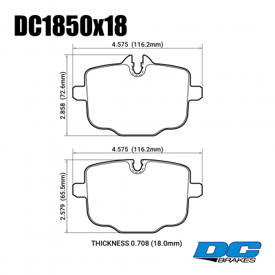 DC1850 Brake Pad Set 
DC1850x18 brake pads are for the almost all new BMW models with M Performance brake kit and M3 G80, M4 G82
Technical information:




inch
mm


Pad Width
4.575
116.2


Pad Height
2.858/2.579
72.6/65.5


Pad Thick
0.708
18.0





table.appl { width: 300px; border: none; color: black; }
appl tr,td { border: none; text-align: center; font-size: 16px; }
.appl td { padding: 2px }
p { color: black; }
.product_sv { padding-top: 0px!important; }
