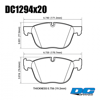 DC1294 brake pad set 
DC1294x20 brake pads set is fitted to BMW X5/X6 Ex and Fx series front axle.
Technical information:




inch
mm


Pad Width
6.740
171.2


Pad Height
3.031
77.0


Pad Thick
0.756
19.2





table.appl { width: 300px; border: none; color: black; }
appl tr,td { border: none; text-align: center; font-size: 16px; }
.appl td { padding: 2px }
p { color: black; }
.product_sv { padding-top: 0px!important; }
