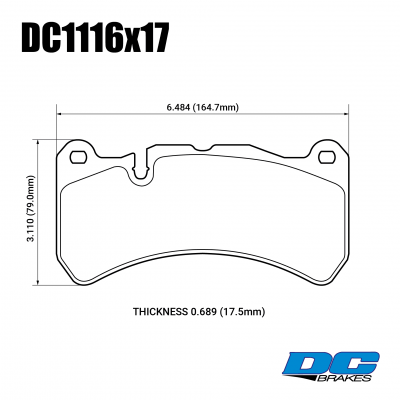DC1116 Brake Pad set 
DC1116x17 brake pad set is fitted to most Maserati and Mercedes-Benz AMG front axle Brembo calipers.
Technical information:




inch
mm


Pad Width
6.484
164.7


Pad Height
3.110
79.0


Pad Thick
0.689
17.5





table.appl { width: 300px; border: none; color: black; }
appl tr,td { border: none; text-align: center; font-size: 16px; }
.appl td { padding: 2px }
p { color: black; }
.product_sv { padding-top: 0px!important; }
