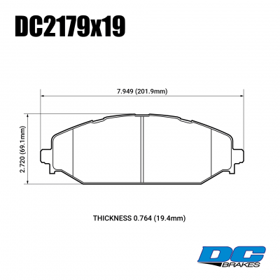 DC2179 Brake Pad Set 
DC2179x19 the last generation Dodge Ram 1500 front brake pad set 
Technical information:




inch
mm


Pad Width
7.949
201.9


Pad Height
2.720
69.1


Pad Thick
0.764
19.4





table.appl { width: 300px; border: none; color: black; }
appl tr,td { border: none; text-align: center; font-size: 16px; }
.appl td { padding: 2px }
p { color: black; }
.product_sv { padding-top: 0px!important; }
