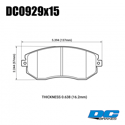 DC0929 Brake Pad Set 
DC0929x15 brake pad set is fitted to most Subaru models
Technical information:




inch
mm


Pad Width
5.394
137


Pad Height
2.244
57


Pad Thick
0.638
16.2





table.appl { width: 300px; border: none; color: black; }
appl tr,td { border: none; text-align: center; font-size: 16px; }
.appl td { padding: 2px }
p { color: black; }
.product_sv { padding-top: 0px!important; }
