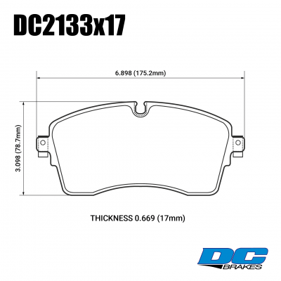 DC2133 Brake Pad Set 
DC2133x17 front brake pads for Land Rover and Range Rover models with 18" brake size option.
Technical information:




inch
mm


Pad Width
6.898
175.2


Pad Height
3.098
78.7


Pad Thick
0.669
17





table.appl { width: 300px; border: none; color: black; }
appl tr,td { border: none; text-align: center; font-size: 16px; }
.appl td { padding: 2px }
p { color: black; }
.product_sv { padding-top: 0px!important; }
