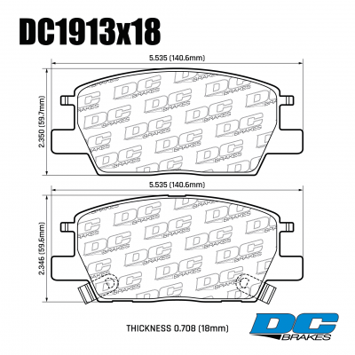 DC1913 Brake Pad Set 
DC1913x18 rear brake pads for Chevrolet Equinox and Malibu models.
Technical information:




inch
mm


Pad Width
5.535
140.6


Pad Height
2.350
59.7


Pad Thick
0.708
18





table.appl { width: 300px; border: none; color: black; }
appl tr,td { border: none; text-align: center; font-size: 16px; }
.appl td { padding: 2px }
p { color: black; }
.product_sv { padding-top: 0px!important; }
