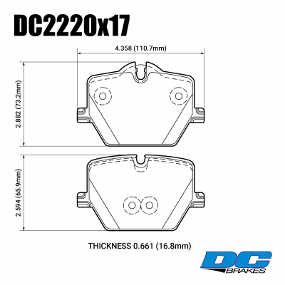 DC2220 Brake Pad Set 
DC2220P17 is a rear brake pad set for BMW G20/G22 with M brakes package and TOYOTA SUPRA A90
Technical information:




inch
mm


Pad Width
4.358
110.7


Pad Height 1
2.882
73.2


Pad Height 2
2.594
65.9


Pad Thick
0.661
16.8





table.appl { width: 300px; border: none; color: black; }
appl tr,td { border: none; text-align: center; font-size: 16px; }
.appl td { padding: 2px }
p { color: black; }
.product_sv { padding-top: 0px!important; }
