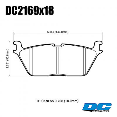 DC2169 Brake Pad Set 
DC2169x18 rear brake pads for the DODGE RAM1500 2019+.
Technical information:




inch
mm


Pad Width
5.858
148.8


Pad Height
2.001
50.8


Pad Thick
0.708
18





table.appl { width: 300px; border: none; color: black; }
appl tr,td { border: none; text-align: center; font-size: 16px; }
.appl td { padding: 2px }
p { color: black; }
.product_sv { padding-top: 0px!important; }
