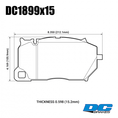 DC1899 Brake Pad Set 
DC1899x15 is front brake pads for Porsche, Audi, Lamborghini and others premium VAG group cars with PCCB brake option.
Technical information:




inch
mm


Pad Width
8.350
212.1


Pad Height
4.169
105.9


Pad Thick
0.598
15.2





table.appl { width: 300px; border: none; color: black; }
appl tr,td { border: none; text-align: center; font-size: 16px; }
.appl td { padding: 2px }
p { color: black; }
.product_sv { padding-top: 0px!important; }
