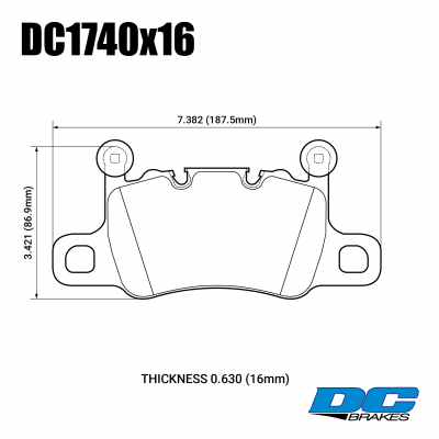 DC1740 Brake Pad Set 
DC1740C16 is a rear brake pads for Porsche Cayenne E3 and Panamera 971 with PCCB.
Technical information:




inch
mm


Pad Width
7.382
187.5


Pad Height
3.421
86.9


Pad Thick
0.630
16





table.appl { width: 300px; border: none; color: black; }
appl tr,td { border: none; text-align: center; font-size: 16px; }
.appl td { padding: 2px }
p { color: black; }
.product_sv { padding-top: 0px!important; }

