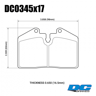 DC0345 Brake Pad Set 
DC0345x17 is a rear brake pads for Porsche 964, 993, 928, 944, 968.
Technical information:




inch
mm


Pad Width
3.858
98


Pad Height
2.559
65


Pad Thick
0.650
16.5





table.appl { width: 300px; border: none; color: black; }
appl tr,td { border: none; text-align: center; font-size: 16px; }
.appl td { padding: 2px }
p { color: black; }
.product_sv { padding-top: 0px!important; }
