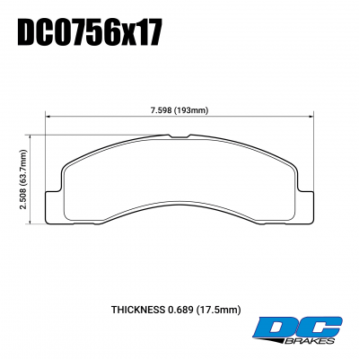DC0756 Brake Pad Set 
DC0756x17 is a front brake pads for Ford trucks E350 Econoline, Excursion, F-250, F350 Super Duty models.
Technical information:




inch
mm


Pad Width
7.598
193


Pad Height
2.508
63.7


Pad Thick
0.689
17.5





table.appl { width: 300px; border: none; color: black; }
appl tr,td { border: none; text-align: center; font-size: 16px; }
.appl td { padding: 2px }
p { color: black; }
.product_sv { padding-top: 0px!important; }
