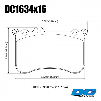 DC1634 Brake Pad Set 
DC1634x16 is a pads for the front 4-pot Mercedes-Benz W176, W212, C218 calipers.
Technical information:




inch
mm


Pad Width
6.062
154


Pad Height
3.641
92.5


Pad Thick
0.657
16.7





table.appl { width: 300px; border: none; color: black; }
appl tr,td { border: none; text-align: center; font-size: 16px; }
.appl td { padding: 2px }
p { color: black; }
.product_sv { padding-top: 0px!important; }
