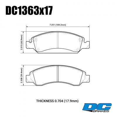 DC1363 Brake Pad Set 
DC1363x17 is a front brake pads for CADILLAC Escalade 2014+ and CHEVROLET Tahoe 2007+.
Technical information:




inch
mm


Pad Width
7.251
184.2


Pad 1 Height
2.515
63.9

Pad 2 Height
2.338
59.4


Pad Thick
0.704
17.9





table.appl { width: 300px; border: none; color: black; }
appl tr,td { border: none; text-align: center; font-size: 16px; }
.appl td { padding: 2px }
p { color: black; }
.product_sv { padding-top: 0px!important; }
